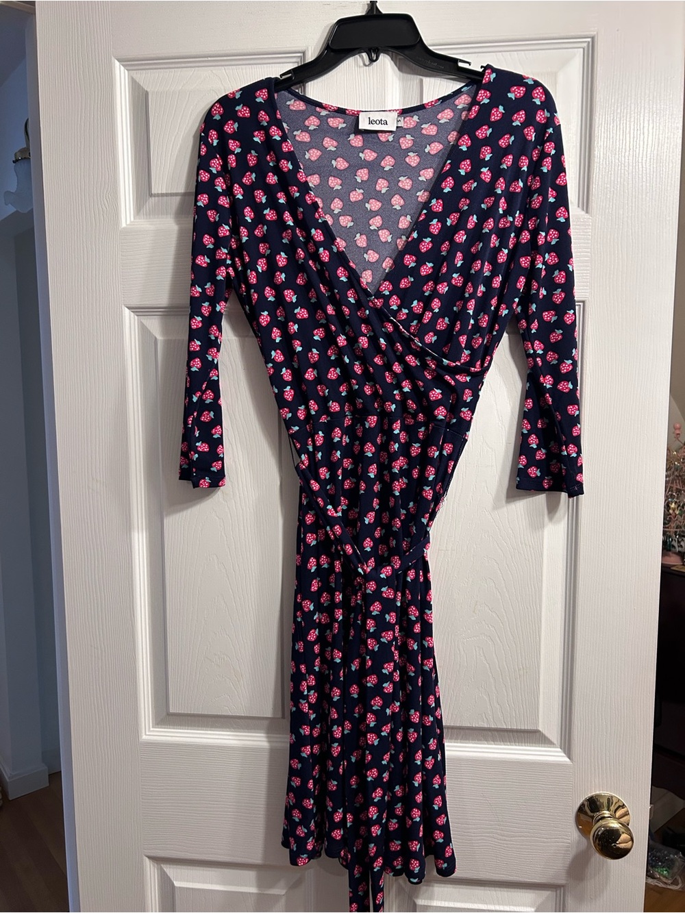 Leota Navy Wrap Midi Dress with Strawberry Pattern